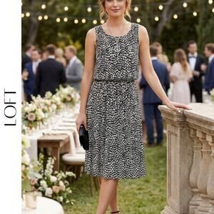 LOFT Black White Polka Dot Dress Small Sleeveless Blouson Midi
